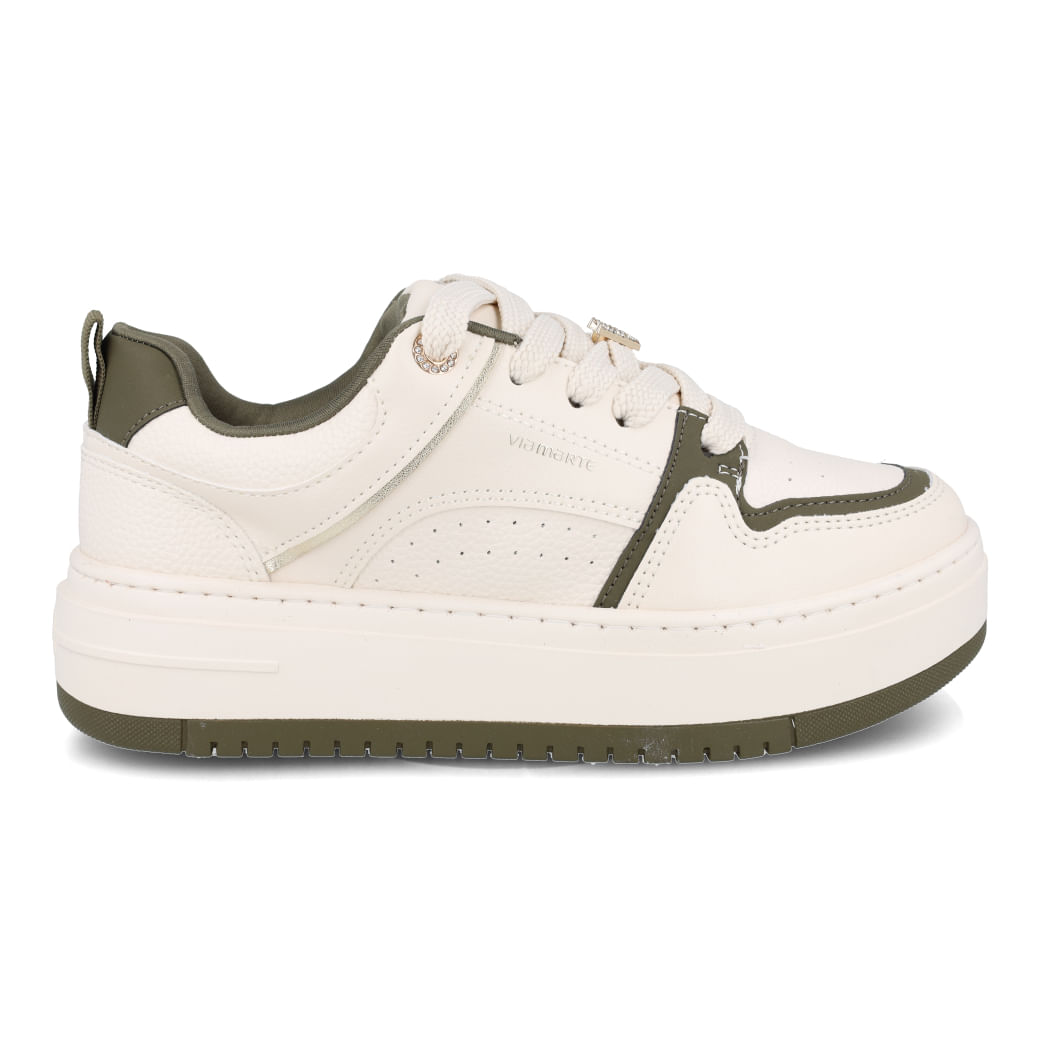 Vista lateral do tênis casual feminino Via Marte verde militar com detalhes off white